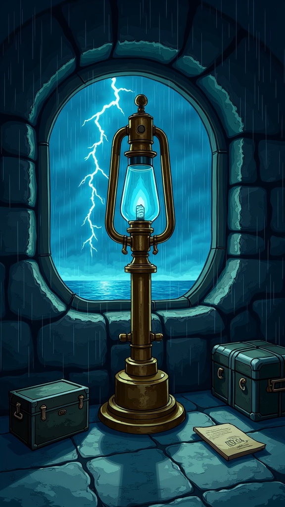 The great lamp room at the top of the lighthouse, dark against the lightning.
